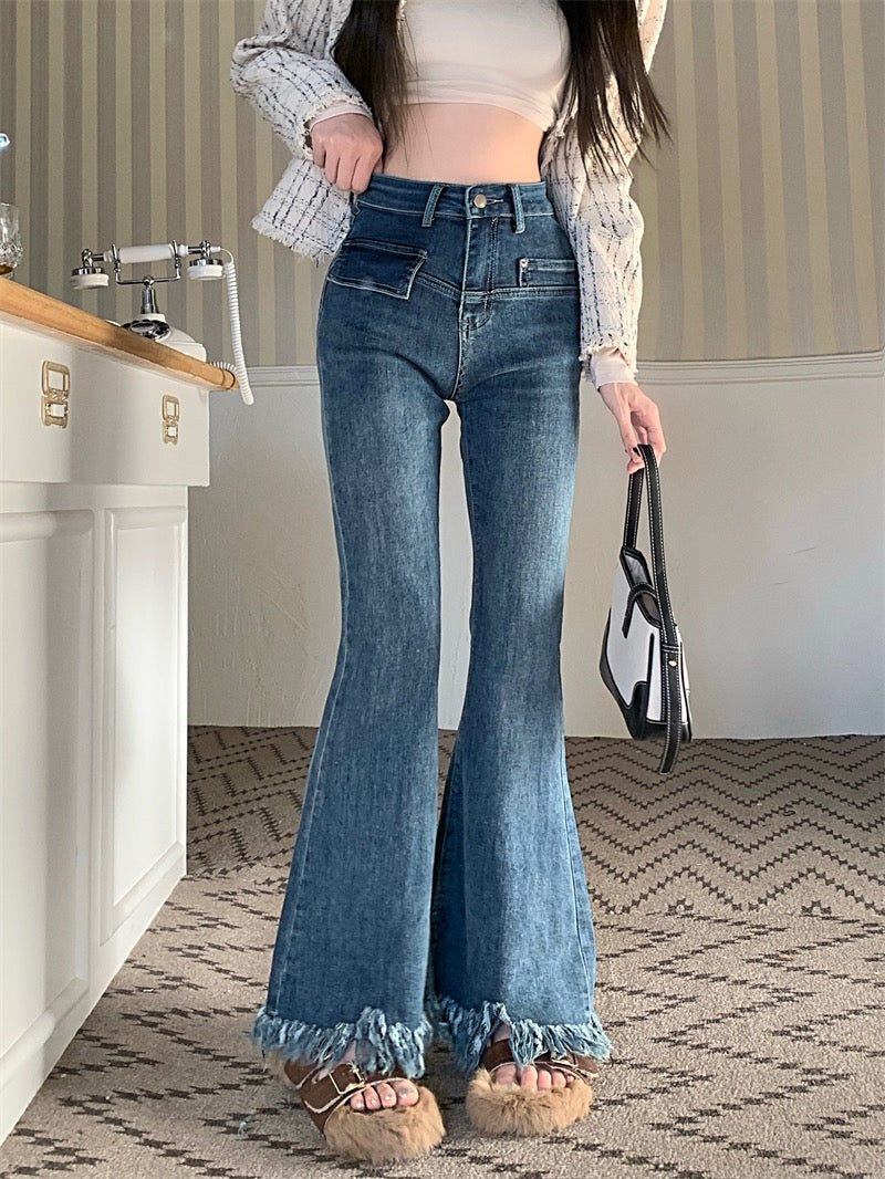 Raw edge retro fringe jeans women's spring and autumn self-cultivation and thin design sense niche high waist micro flared pants trousers