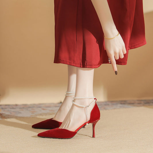 Red Baotou sandals women's stiletto one-word belt pearl hollow high-heeled single shoes temperament Xiuhe bridesmaid wedding shoes 8cm