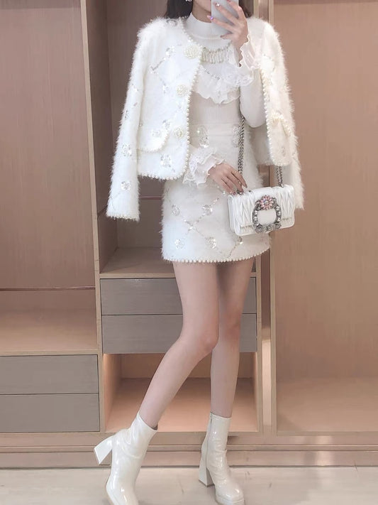 Celebrity temperament high-end suit heavy industry beaded sequins flower coat high waist skirt two-piece women's autumn and winter