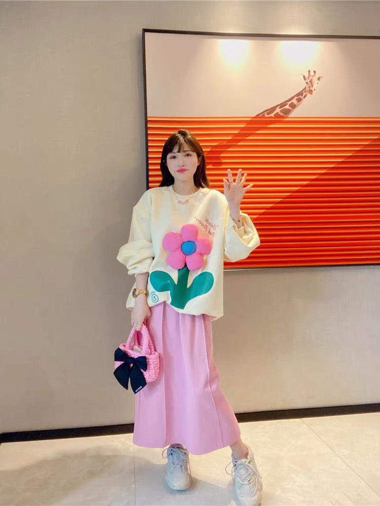 JENNIFER JXLIU Korea autumn and winter a pink three-dimensional flower ^ loose long-sleeved beige sweater women