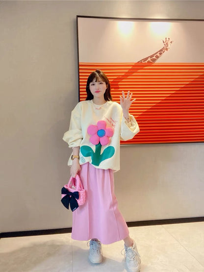 JENNIFER JXLIU Korea autumn and winter a pink three-dimensional flower ^ loose long-sleeved beige sweater women
