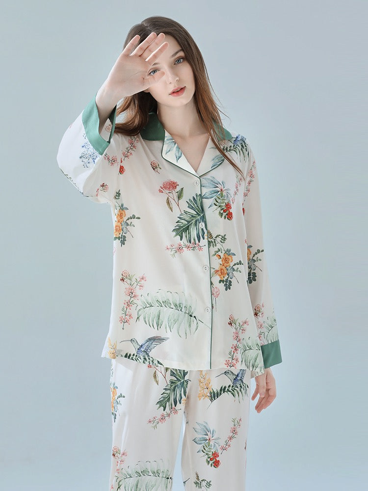 IIZZINI Original Pajamas Women's Spring and Autumn Long-sleeved Ice Silk Chinese Style Yellow Rose Printed Trousers Homewear Set