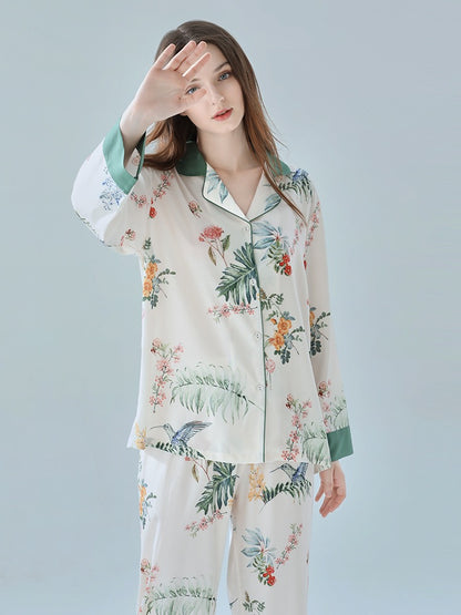 IIZZINI Original Pajamas Women's Spring and Autumn Long-sleeved Ice Silk Chinese Style Yellow Rose Printed Trousers Homewear Set
