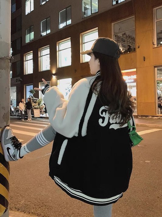 Badge baseball uniform women's winter thickened lamb wool jacket fashion Korean version loose fleece casual jacket ins tide