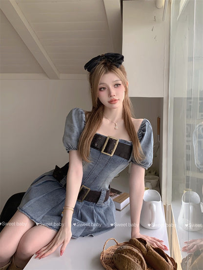 Retro denim one-shoulder dress female summer pleated skirt waist sweet hot girl sexy strapless a-line skirt