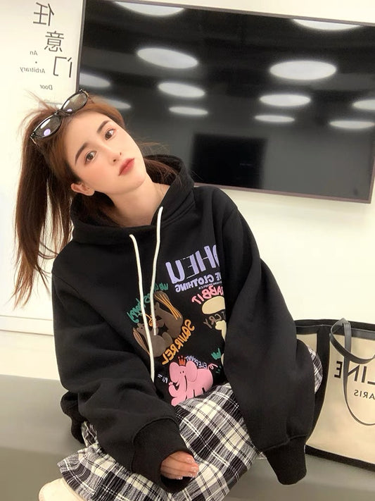 Big C comes also cartoon hooded sweater women's fleece 2022 new autumn small lazy wind coat oversize