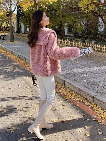 Pink lamb wool coat women's autumn and winter 2022 new Korean style small man high-end temperament fur coat