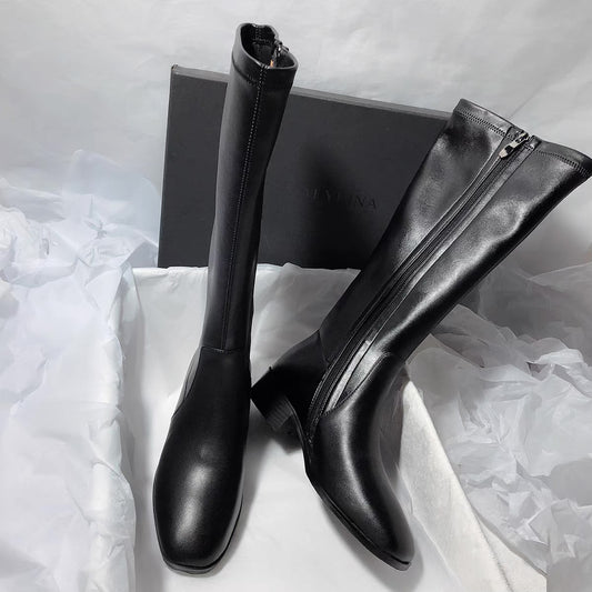 Senyu Haixiang 2022 new all-match leather square head high tube flat bottom solid color simple high tube but knee high boots