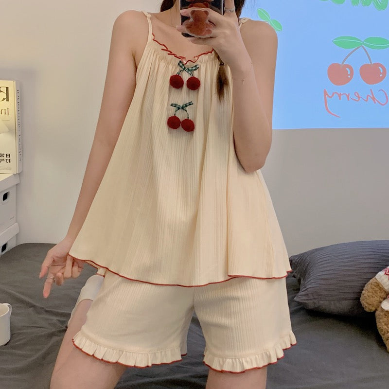 2022 new summer high-end pajamas girls suspenders cotton cute cherry can be worn outside home service suit