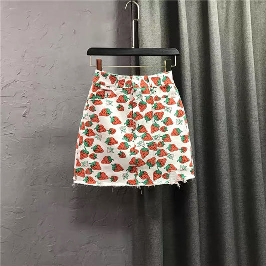 Denim Short Skirt Strawberry Print Skirt 2022 Autumn New Thin High Waist Ins Super Fire Hip A-line Skirt q119