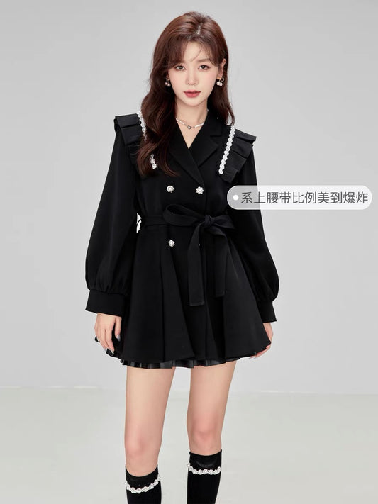 Fantu ladies fashion windbreaker black temperament 2022 early autumn new high-waisted small women's dress