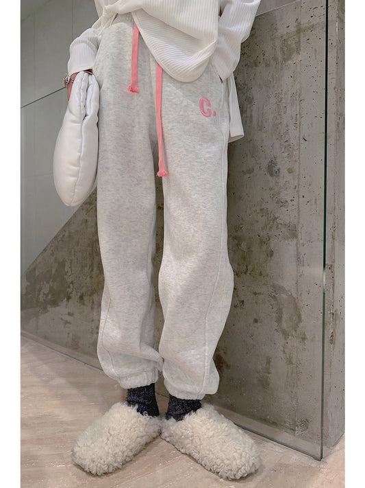 Thebestxue2022 autumn and winter new Korean version fashionable flower gray fleece letter embroidery leg pants sweatpants women