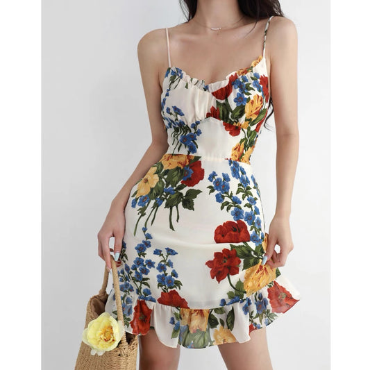 European and American retro girl fresh lotus leaf thin shoulder strap holiday dress waist was thin straps suspender skirt short skirt
