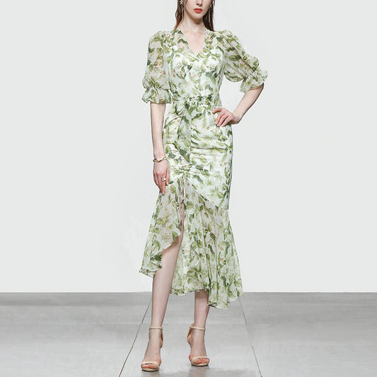 2023 new summer women's temperament French chiffon long skirt with puff sleeves waist slimming printed dress