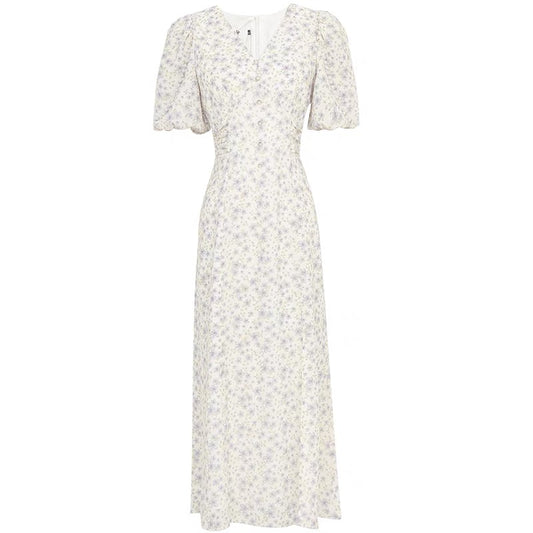 2022 summer new French lace waist puff sleeves heavy industry beaded ladies wind niche temperament dress