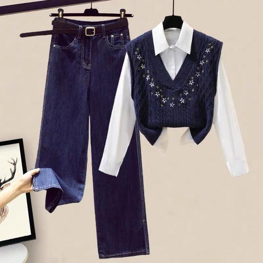 Spring French high-end shirt vest pants wide-leg pants jeans suit 2022 new women's three-piece suit 1811