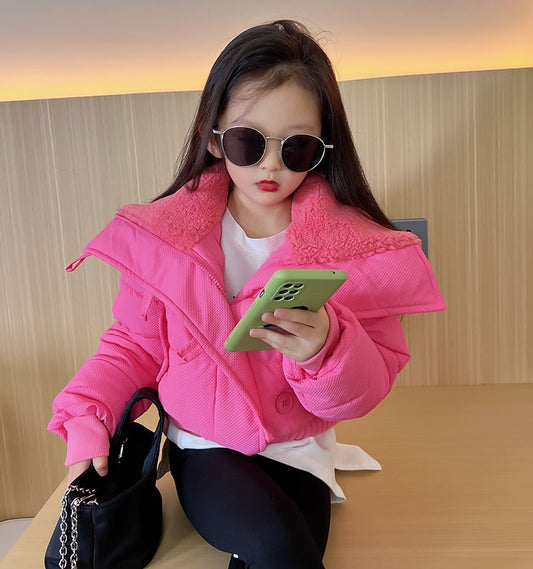 Girls' short padded clothes for big children 2022 new foreign style winter clothes pink net red jacket children's large lapel cotton padded clothes