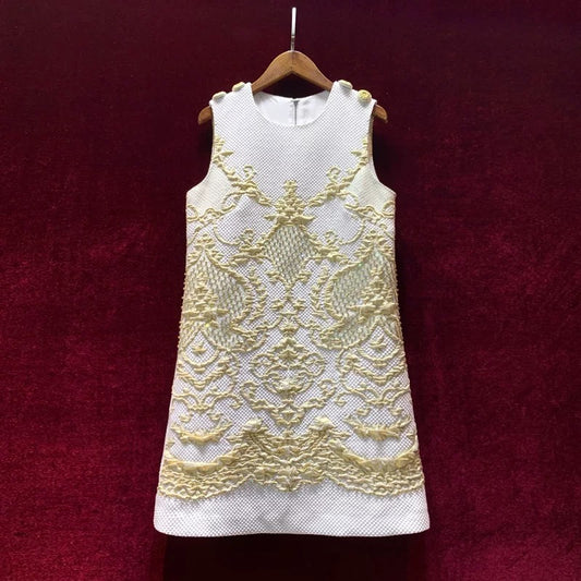 Temperament ladies high-end custom jacquard heavy industry beaded sleeveless A-line skirt dress Western style 2022 summer new