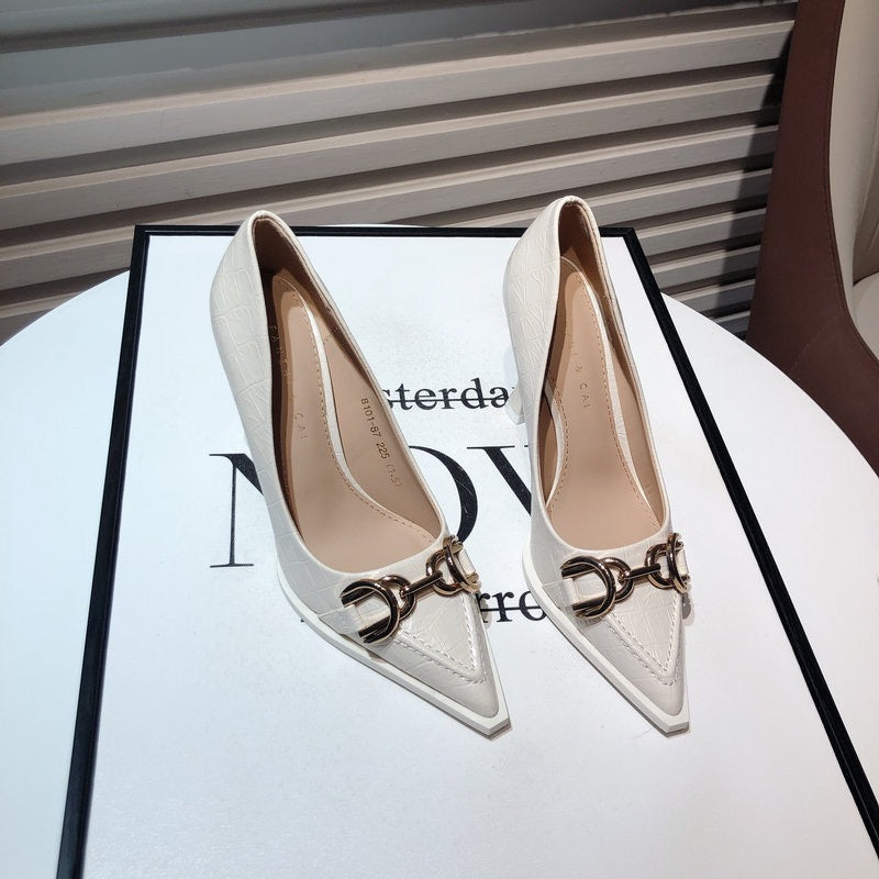 Off-white high-heeled shoes women's design sense niche temperament metal buckle pointed crocodile pattern stiletto shoes 2022 new