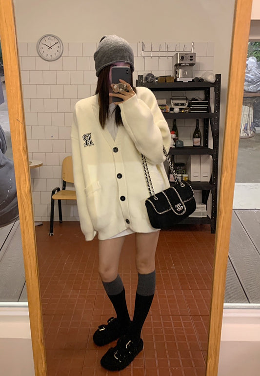 Letter embroidered sweater coat women's mid-length loose long-sleeved sweater autumn lazy style thickened cardigan top