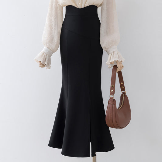 Black velvet skirt female autumn and winter 2022 new high waist mid-length hip skirt fishtail skirt business wear