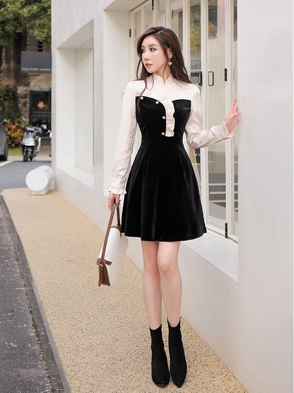 Chic and unique skirt small stitching stand collar wood ears black velvet small fragrant wind winter inner dress