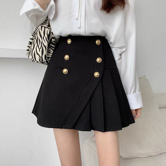 Large size irregular pleated skirt short skirt women's crotch cover carefully machine design sense niche double-breasted pleated skirt