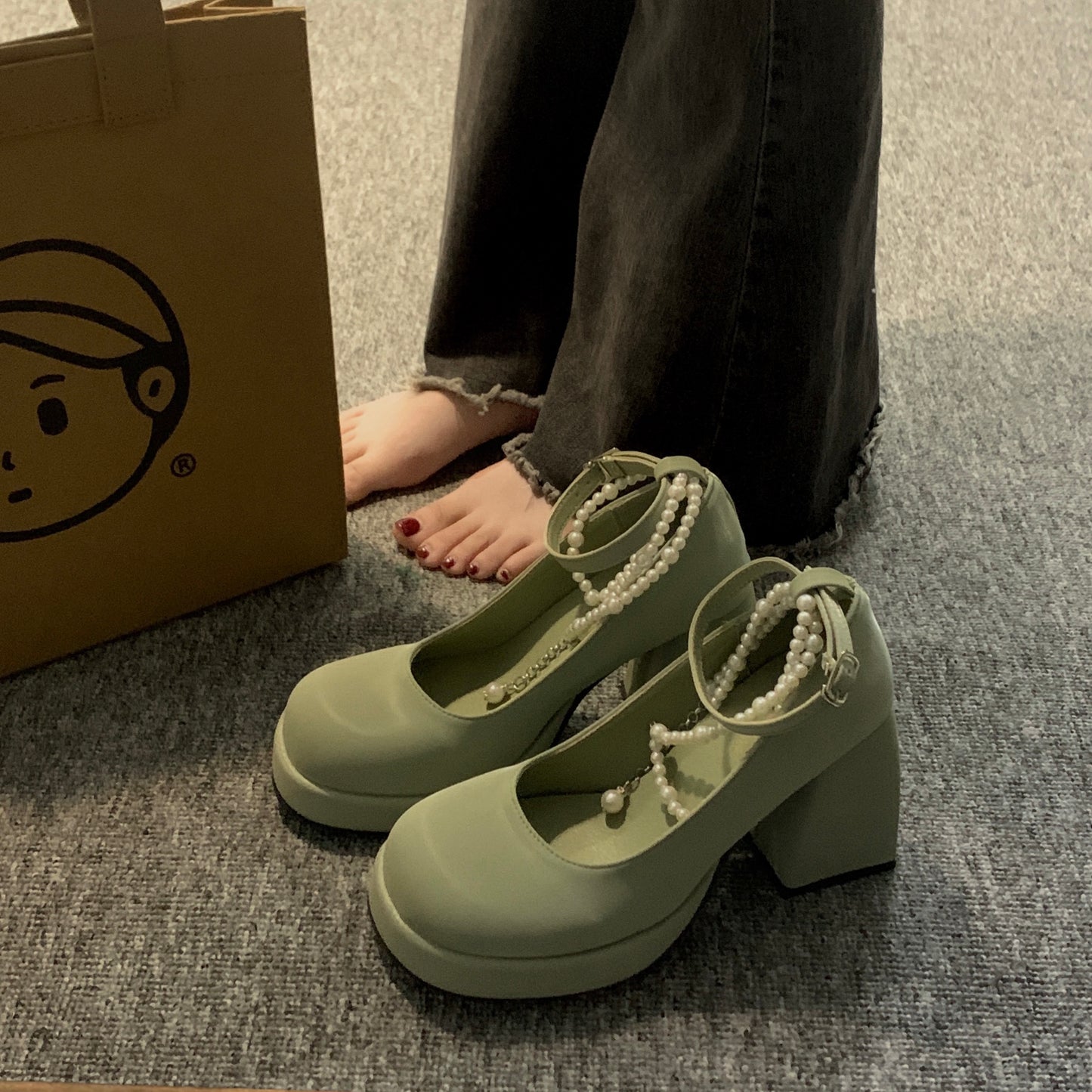 Jiabu fake single shoes women's 2023 spring new fashion all-match Japanese retro pearl high-heeled foreign style Mary Jane shoes