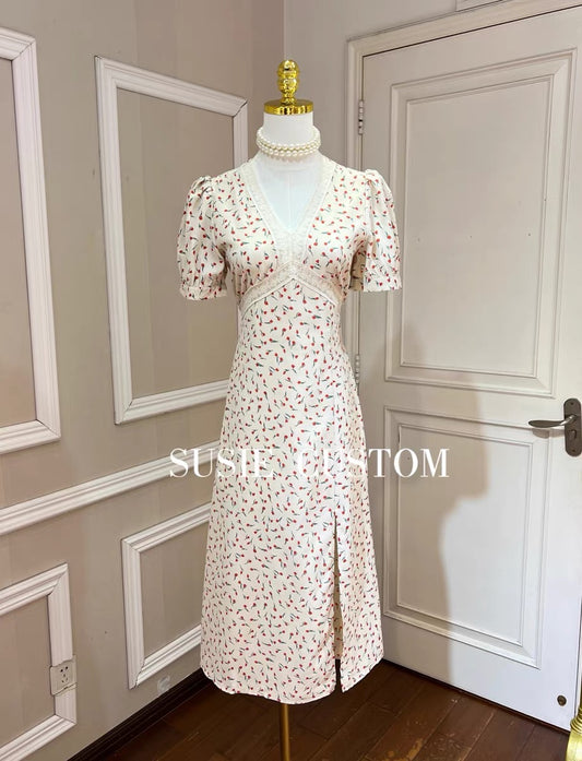 Customized models show temperament simple small floral V-neck lace lace puff sleeves slim waist A-line slit midi skirt