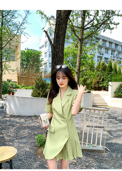 2023 spring and summer new avocado green irregular short-sleeved suit dress women's high waist slim chic suit skirt