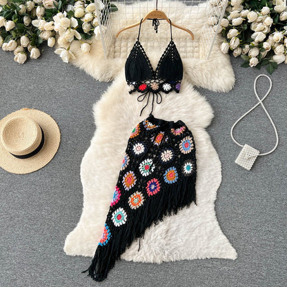 Summer bohemian style knitted hollow hook flower halter neck V-neck tube top + irregular skirt two-piece suit