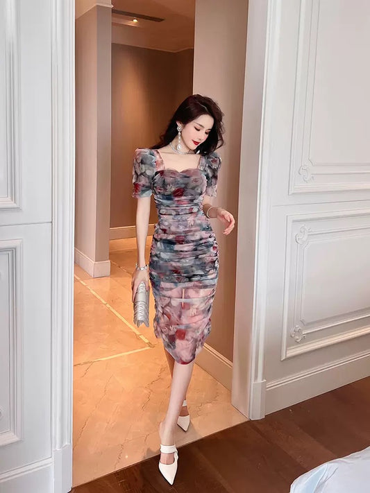 European station gentle Versailles skirt summer high waist bag hip dress temperament celebrity high-end goddess fan high-end sense 1670