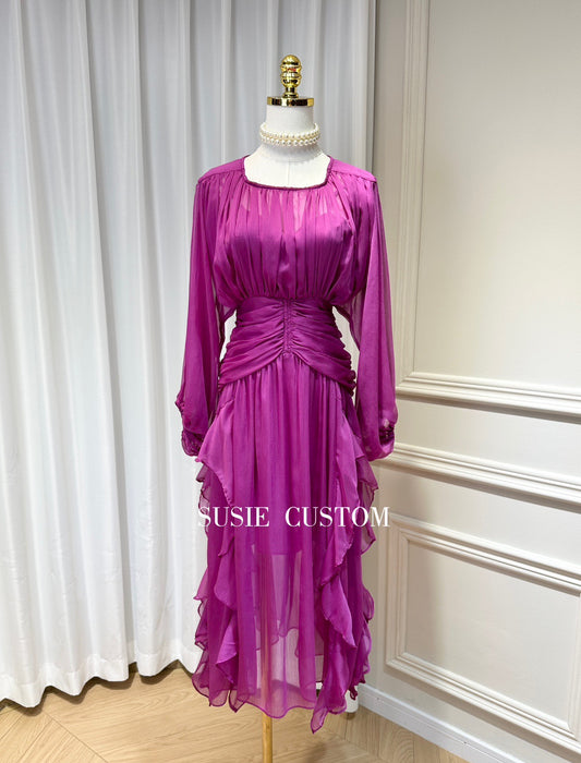Custom micro-permeable chiffon lantern sleeve pleated waist A-line skirt with irregular lotus leaf edge slit long dress