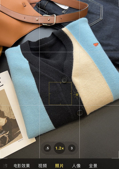 200+ online!  The upper body is warm and comfortable ~ retro contrast color silhouette soft waxy V-neck sweater cardigan jacket