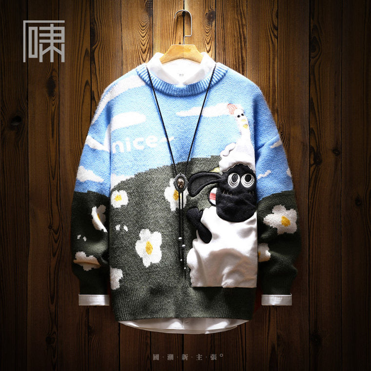 Autumn trendy brand Guochao Hong Kong style sheep patch sweater Men's Japanese style lazy style couple wear knitted sweater