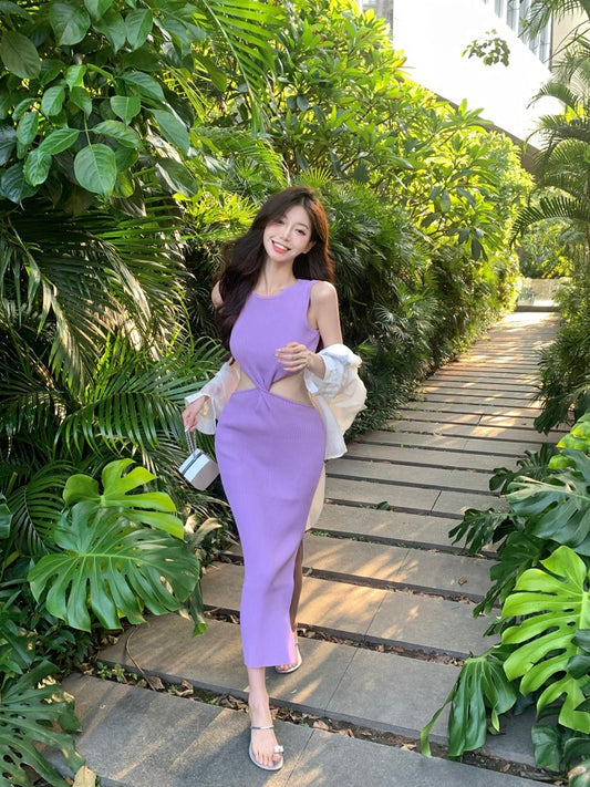 Pure desire style knitted dress female summer purple hot girl hollow sexy sleeveless waist bag hip mid-length skirt