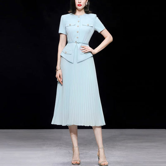 Summer women's clothing 2022 new temperament retro blue short-sleeved waist slim dress pleated skirt long skirt