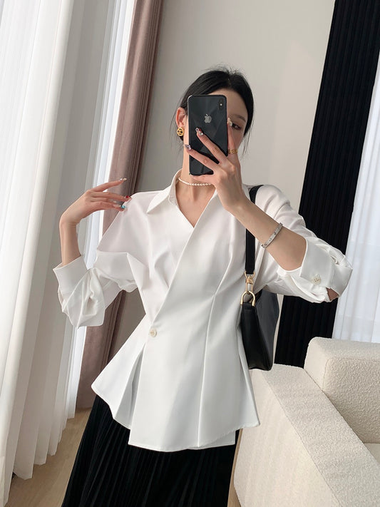 FT GUOGE white shirt women's 2023 spring new high-end French fashion temperament waist long-sleeved top