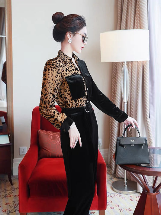 2022 autumn women's European and American leopard print stitching jumpsuit temperament ladies new polp collar velvet waist jumpsuit