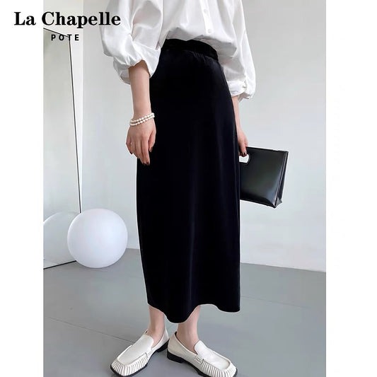 La Chapelle gold velvet skirt women's high waist mid-length 2022 spring and autumn new rear slit bag hip one step skirt