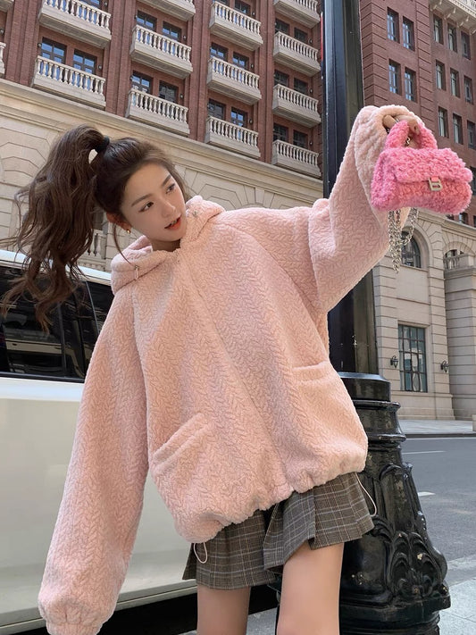 Pink plush short coat women's autumn and winter thickened 2022 new small milk fufu loose hooded cotton coat