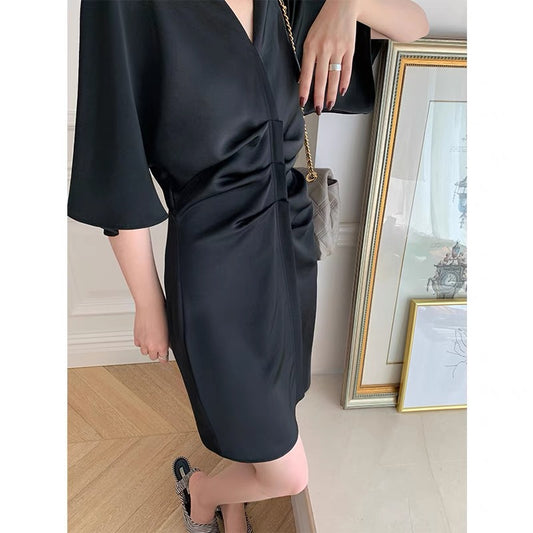 mona original women's temperament women's dress V-neck high-waist pleated five-point raglan trumpet sleeve drape short skirt