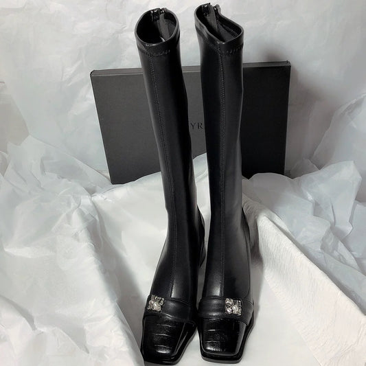 Senyu Haixiang 2022 new leather high-heeled fashion but knee-length boots temperament thin elastic high boots women