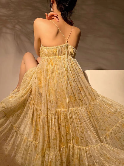 Aconiconi｜Fan Xia Qing Huan French Tea Break Floral Holiday Style High-end Large Swing Tube Top Sling Dress