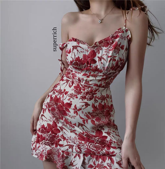 Sup French retro red leaf floral V-neck straps waist ruffled dress holiday style short skirt girly girl 8 years 8 months ago 88