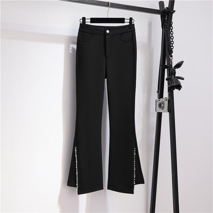 High-waist elastic black bootcut trousers women's cropped trousers fall 2022 irregular slit slim-fit casual trousers