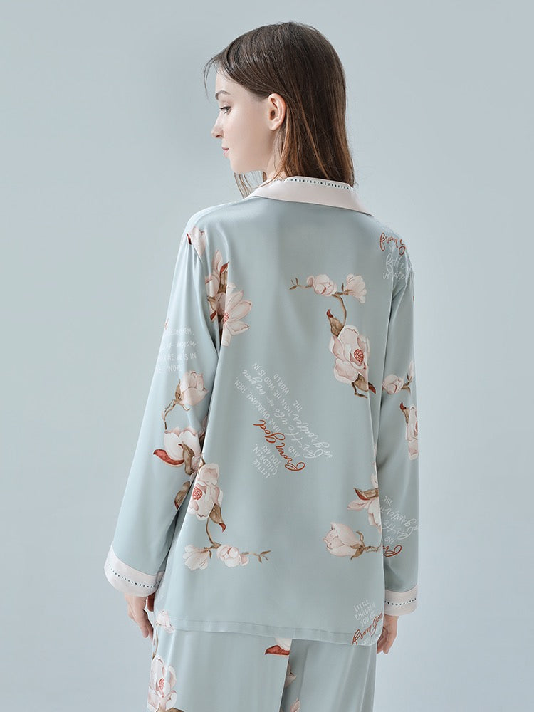 IIZZINI 2023 women's pajamas spring and autumn long-sleeved ice silk Chinese style white magnolia flower trousers home clothes set