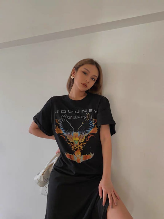 European and American retro old-fashioned street shooting totem printing mid-length over-the-knee loose cotton short-sleeved T-shirt skirt dress cool