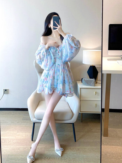 French Floral Dress 2023 Spring New Women's Wear Temperament Ladies Waist Slim Retro Square Neck Chiffon Skirt 2016