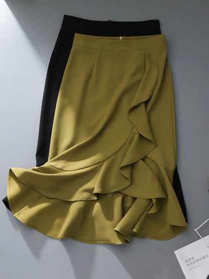 Irregular high waist and thin autumn fragrance yellow lotus leaf side wrap hip skirt women's 2023 spring and summer new mid-length skirt